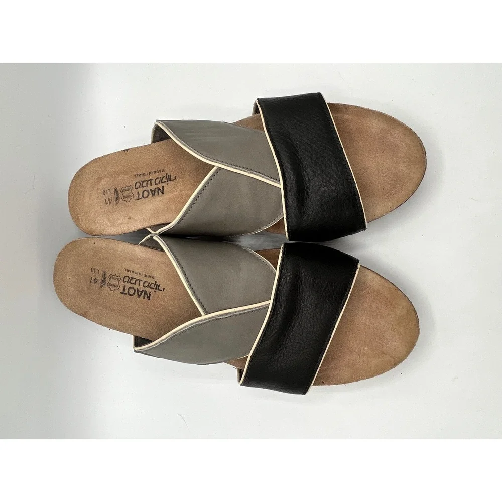 Naot Women Black Grey Leather Wedge Slide Sandals Made Israel Sz EU 41 US 10